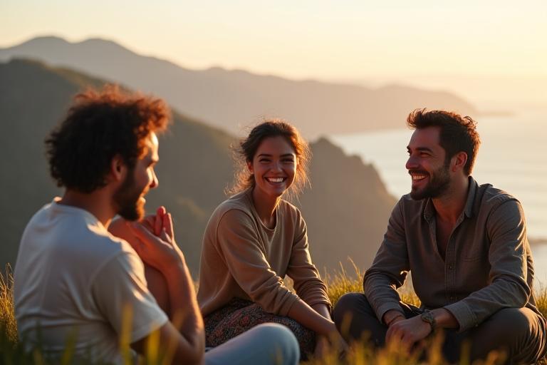 Founders of Wanderlust Keepers relaxing together on a hilltop overlooking a picturesque natural landscape, symbolizing shared passion for travel and adventure.