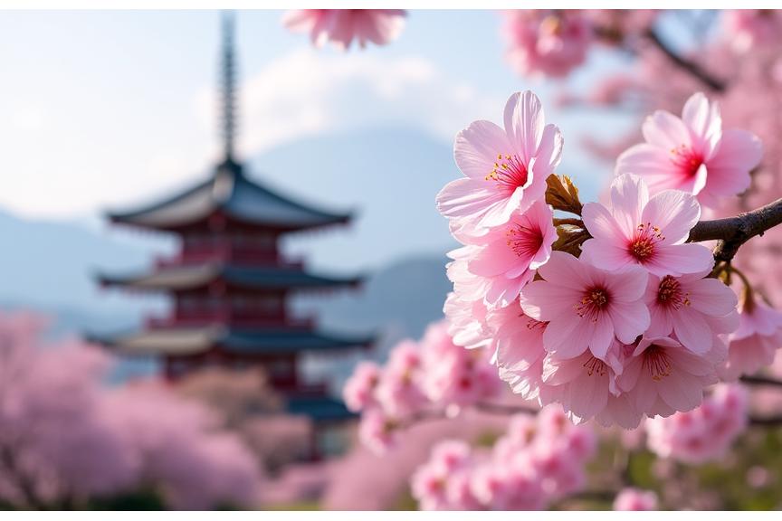 Cherry blossoms in full bloom in Japan with an ancient temple in the background