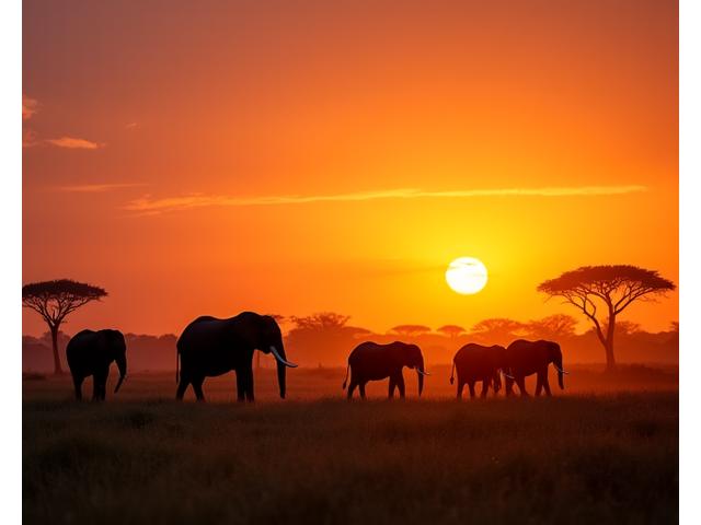 A herd of elephants walking across a savannah at sunset during an African safari