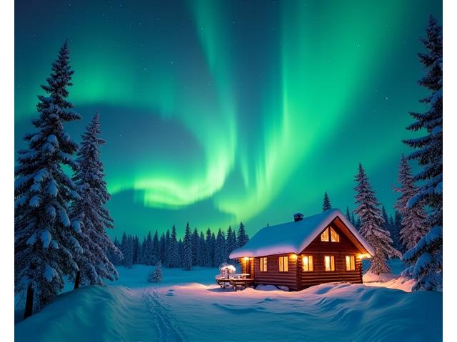 Vibrant Northern Lights (Aurora Borealis) over a snowy landscape and a cozy cabin in Finland