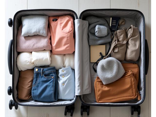 Open suitcase filled with neatly packed clothes and travel essentials for a European trip