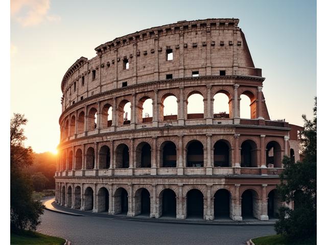 The ancient Roman Colosseum at dawn with a clear sky