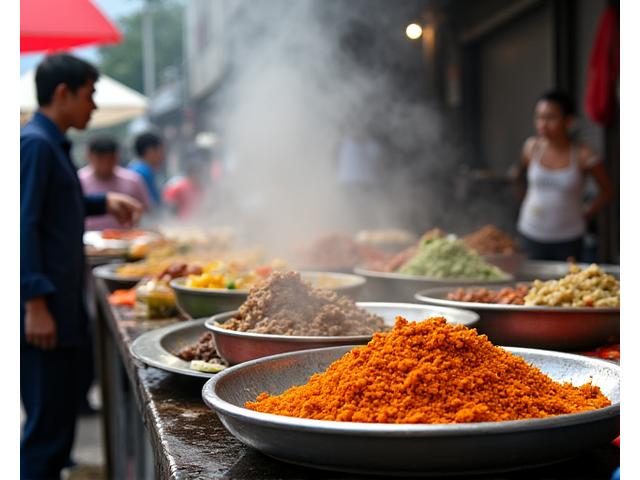 Busy street food stall in Hanoi, Vietnam, with various local dishes