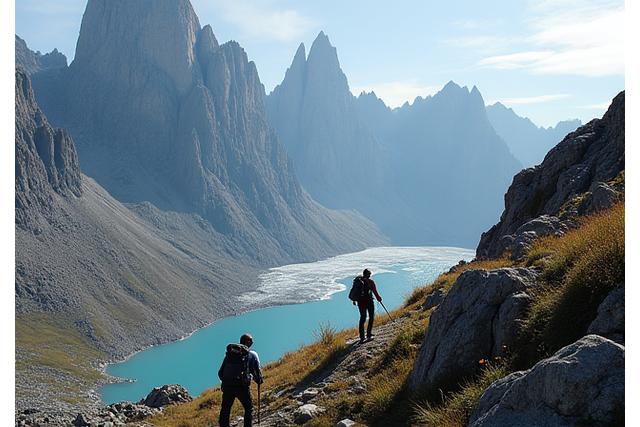 Hikers traversing a majestic, rugged landscape in Patagonia