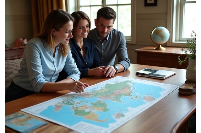 A traveler consulting with a travel planner, pointing at a map with exotic destinations