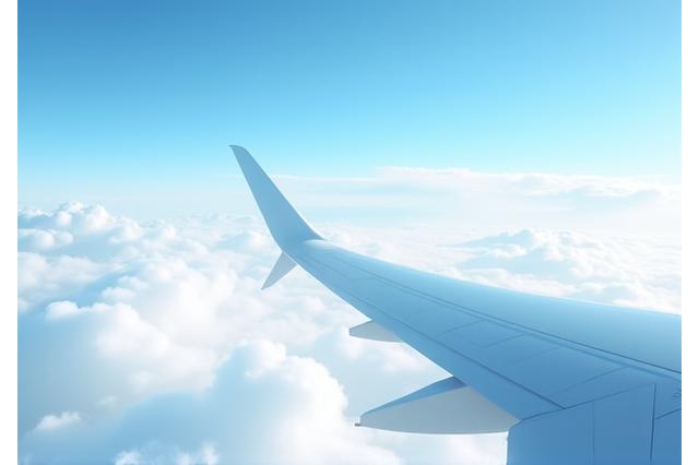 Airplane wing over clouds, symbolizing travel and seamless logistics