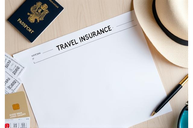 Passport, plane tickets, and a travel insurance document on a desk